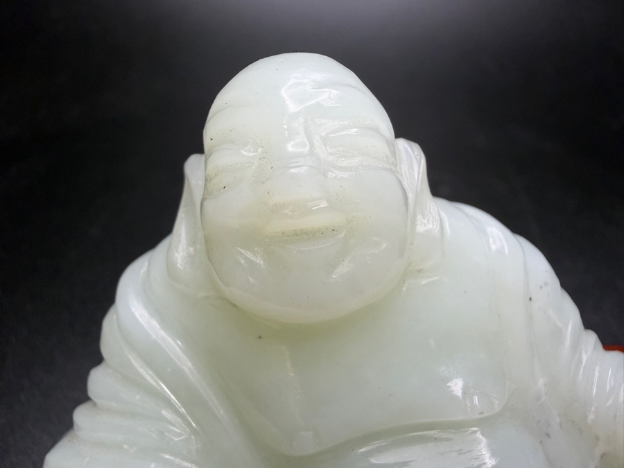 Just Added - Vintage Chinese Carved Celadon Jade Reclining Laughing Buddha Hotei Figurine On Carved Rosewood Stand 3'W X 2.25'H [Photo 2]