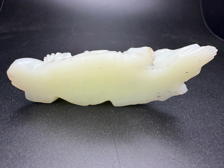 Just Added - Vintage Chinese Carved Celadon Jade Reclining Laughing Buddha Hotei Figurine On Carved Rosewood Stand 3'W X 2.25'H [Photo 4]