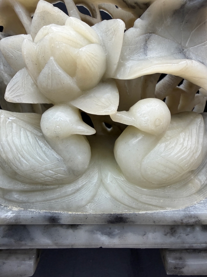 Just Added - Vintage Chinese Hand Carved Soapstone Mandarin Duck And Lotus Sculpture On Matching Stone Stand 4'W X 1.75'D X 4.75'H [Photo 2]