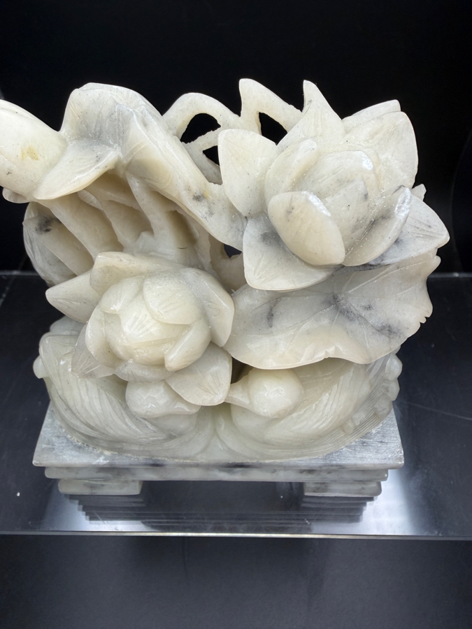 Just Added - Vintage Chinese Hand Carved Soapstone Mandarin Duck And Lotus Sculpture On Matching Stone Stand 4'W X 1.75'D X 4.75'H [Photo 3]