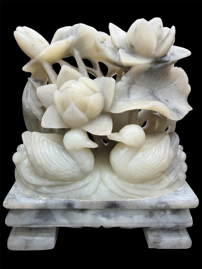 Just Added - Vintage Chinese Hand Carved Soapstone Mandarin Duck And Lotus Sculpture On Matching Stone Stand 4'W X 1.75'D X 4.75'H