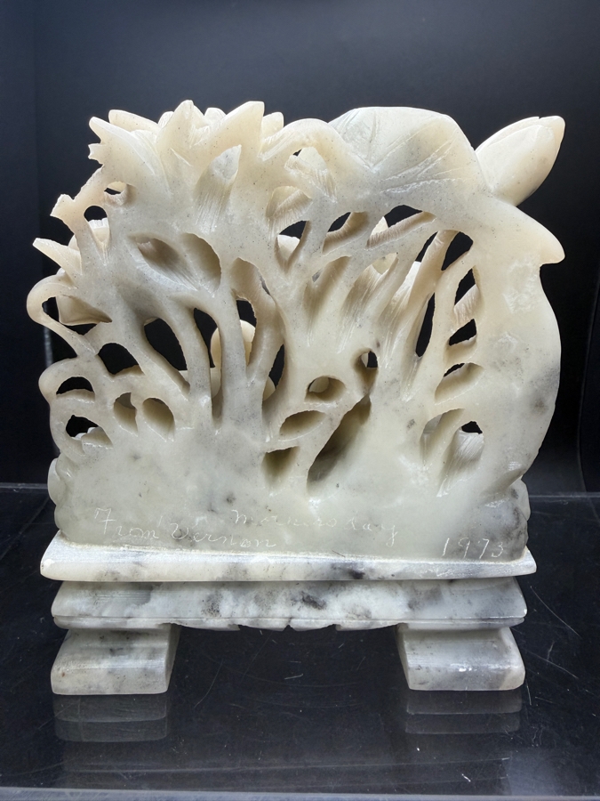 Just Added - Vintage Chinese Hand Carved Soapstone Mandarin Duck And Lotus Sculpture On Matching Stone Stand 4'W X 1.75'D X 4.75'H [Photo 4]