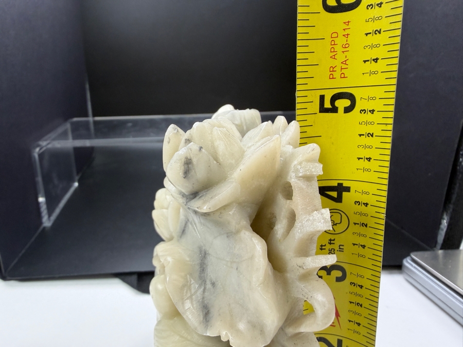 Just Added - Vintage Chinese Hand Carved Soapstone Mandarin Duck And Lotus Sculpture On Matching Stone Stand 4'W X 1.75'D X 4.75'H [Photo 8]