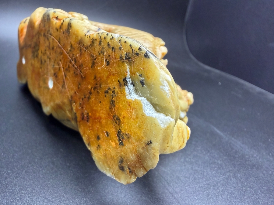 Just Added - Vintage Chinese Hand Carved Yellow Soapstone Dragon And Phoenix Sculpture On Ornate Rosewood Stand 6'W X 2.5' 5.5'H [Photo 12]