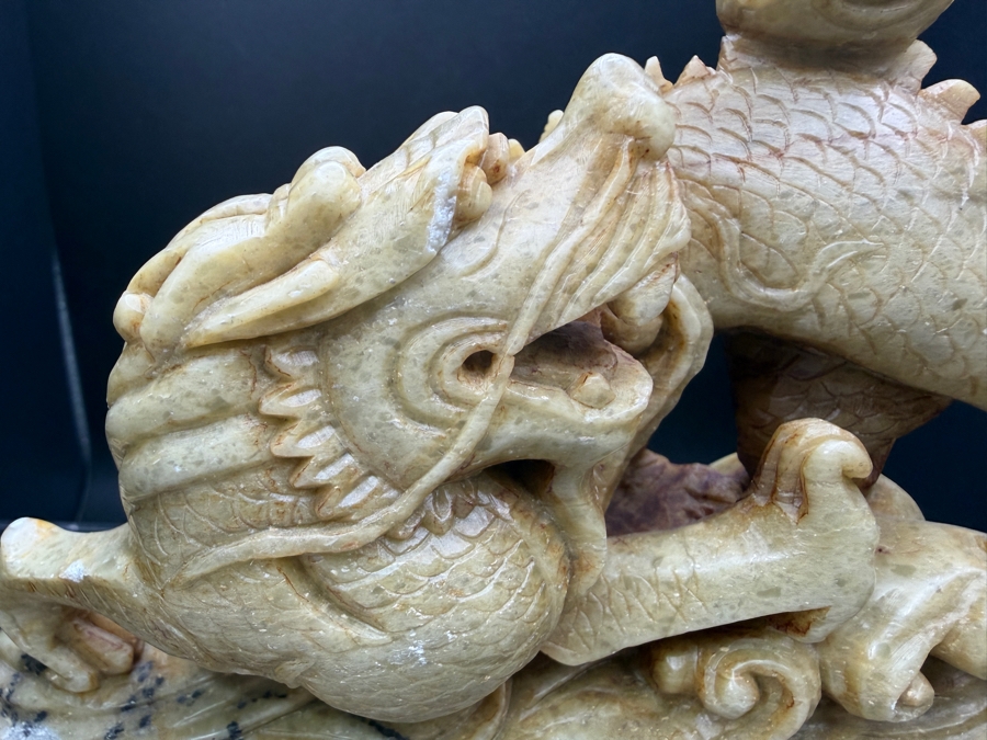 Just Added - Vintage Chinese Hand Carved Yellow Soapstone Dragon And Phoenix Sculpture On Ornate Rosewood Stand 6'W X 2.5' 5.5'H [Photo 2]