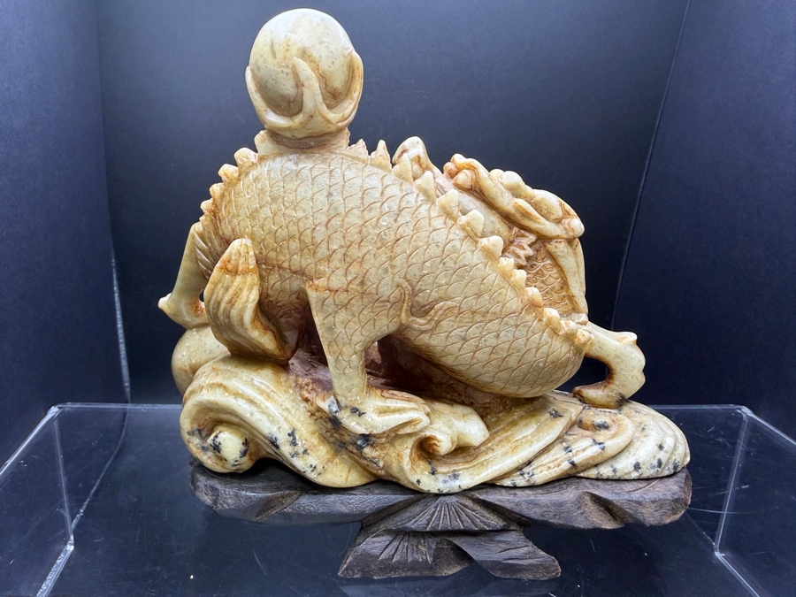 Just Added - Vintage Chinese Hand Carved Yellow Soapstone Dragon And Phoenix Sculpture On Ornate Rosewood Stand 6'W X 2.5' 5.5'H [Photo 7]