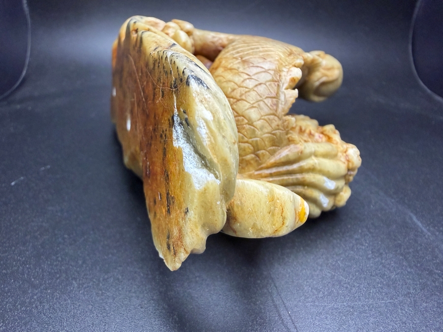 Just Added - Vintage Chinese Hand Carved Yellow Soapstone Dragon And Phoenix Sculpture On Ornate Rosewood Stand 6'W X 2.5' 5.5'H [Photo 11]