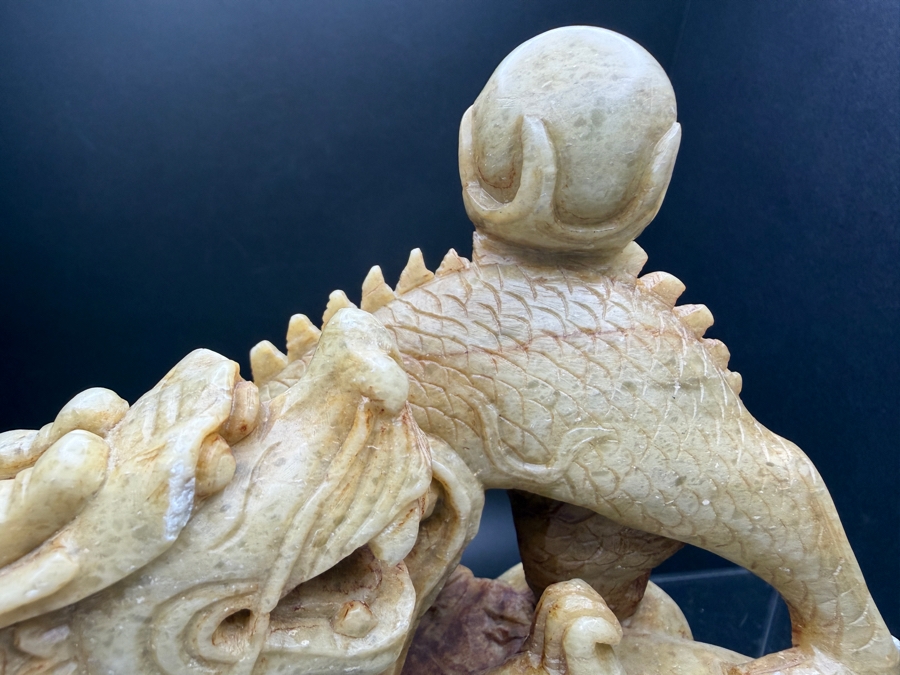 Just Added - Vintage Chinese Hand Carved Yellow Soapstone Dragon And Phoenix Sculpture On Ornate Rosewood Stand 6'W X 2.5' 5.5'H [Photo 3]
