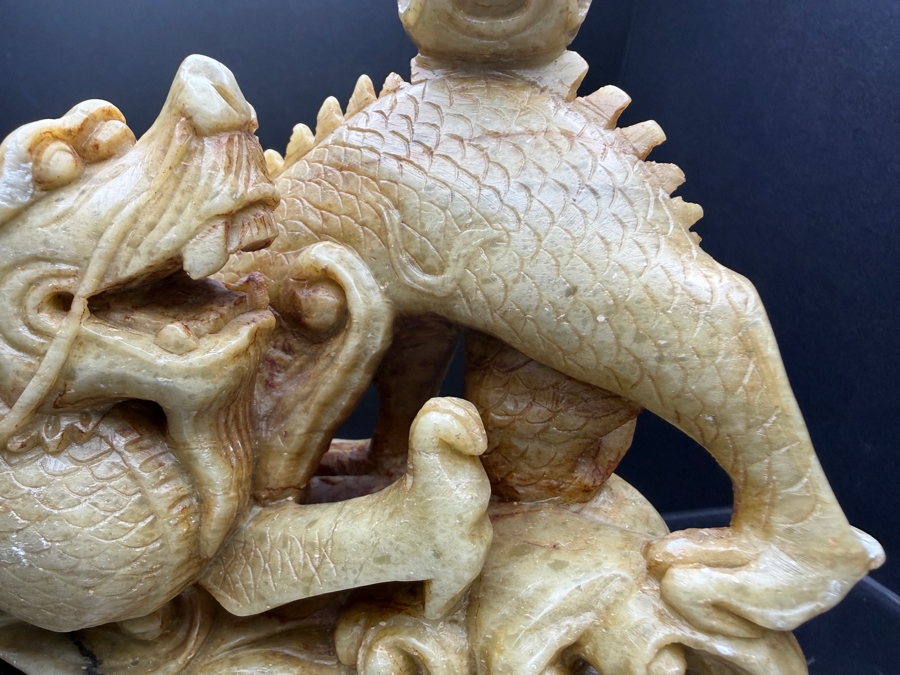 Just Added - Vintage Chinese Hand Carved Yellow Soapstone Dragon And Phoenix Sculpture On Ornate Rosewood Stand 6'W X 2.5' 5.5'H [Photo 6]