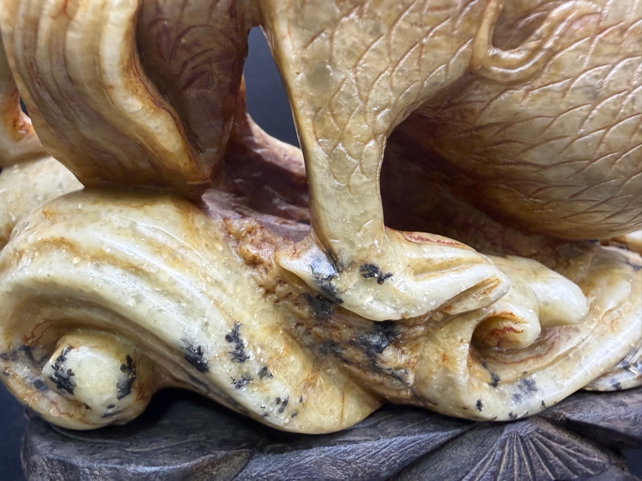 Just Added - Vintage Chinese Hand Carved Yellow Soapstone Dragon And Phoenix Sculpture On Ornate Rosewood Stand 6'W X 2.5' 5.5'H [Photo 8]