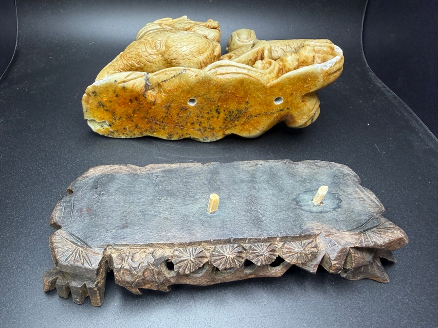 Just Added - Vintage Chinese Hand Carved Yellow Soapstone Dragon And Phoenix Sculpture On Ornate Rosewood Stand 6'W X 2.5' 5.5'H [Photo 9]