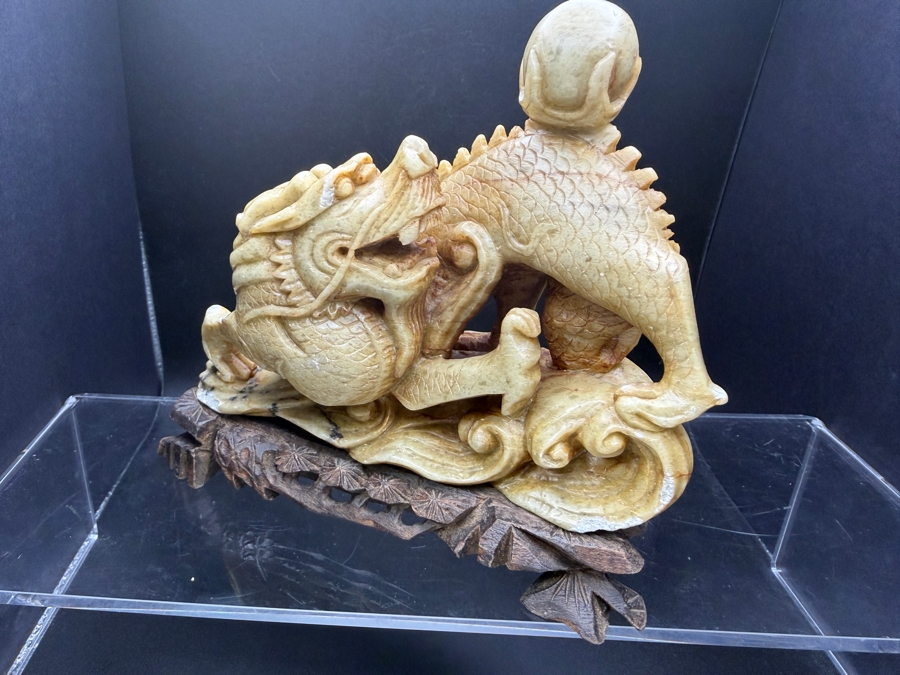 Just Added - Vintage Chinese Hand Carved Yellow Soapstone Dragon And Phoenix Sculpture On Ornate Rosewood Stand 6'W X 2.5' 5.5'H [Photo 5]