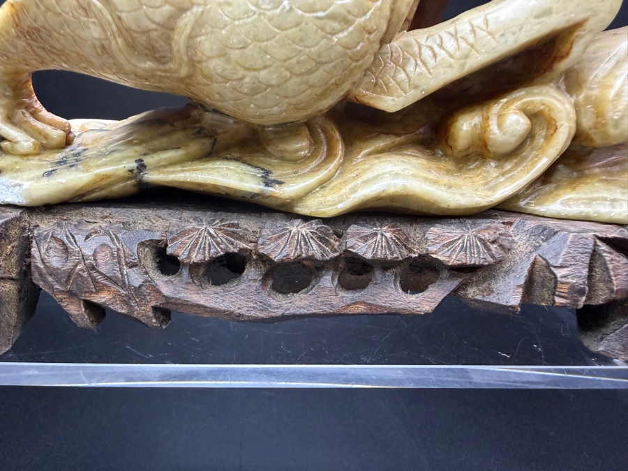 Just Added - Vintage Chinese Hand Carved Yellow Soapstone Dragon And Phoenix Sculpture On Ornate Rosewood Stand 6'W X 2.5' 5.5'H [Photo 4]