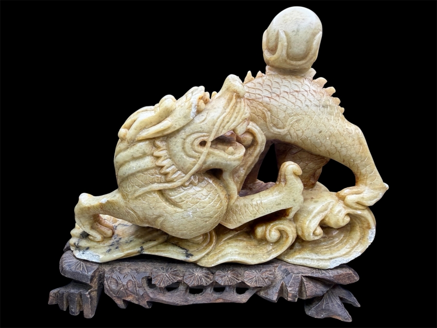 Just Added - Vintage Chinese Hand Carved Yellow Soapstone Dragon And Phoenix Sculpture On Ornate Rosewood Stand 6'W X 2.5' 5.5'H