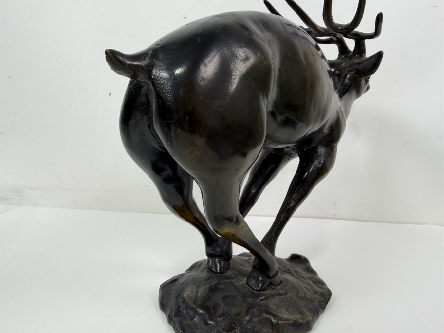 Just Added - MCM Art Deco Style Patinated Bronze Leaping Stag Or Deer Figurine On Naturalistic Rocky Base 14'W X 5'D X 11'H [Photo 5]