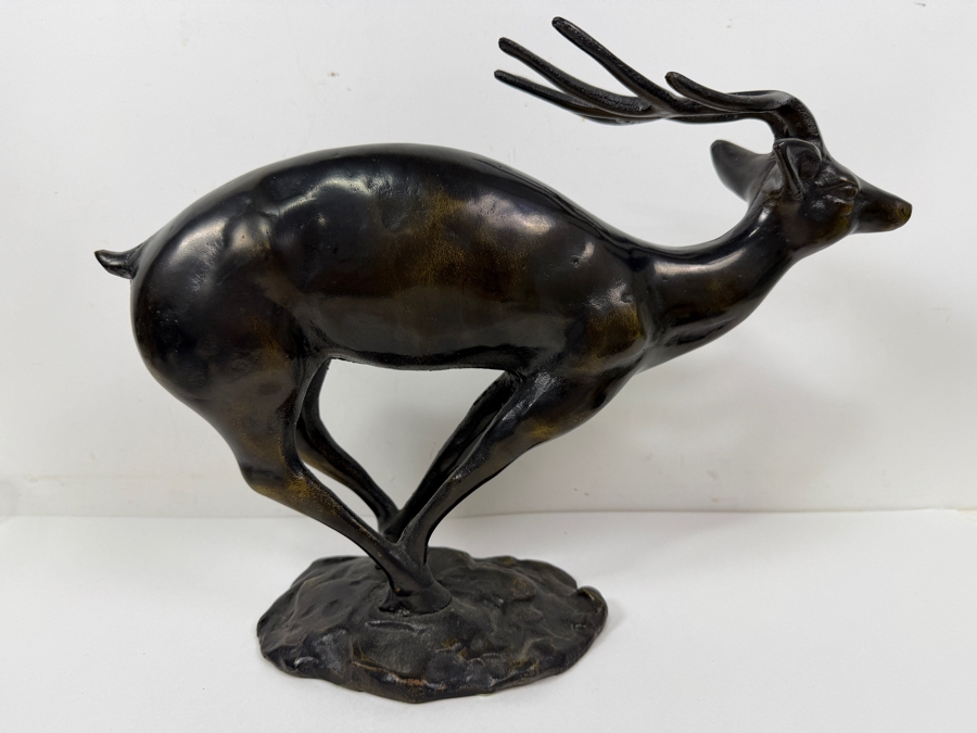 Just Added - MCM Art Deco Style Patinated Bronze Leaping Stag Or Deer Figurine On Naturalistic Rocky Base 14'W X 5'D X 11'H [Photo 4]