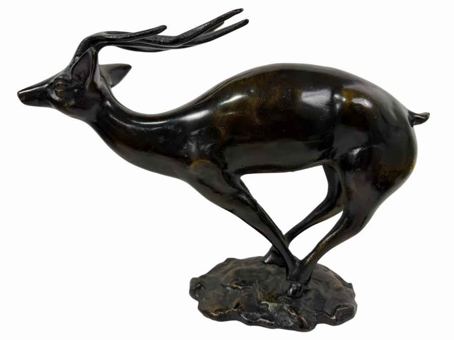 Just Added - MCM Art Deco Style Patinated Bronze Leaping Stag Or Deer Figurine On Naturalistic Rocky Base 14'W X 5'D X 11'H