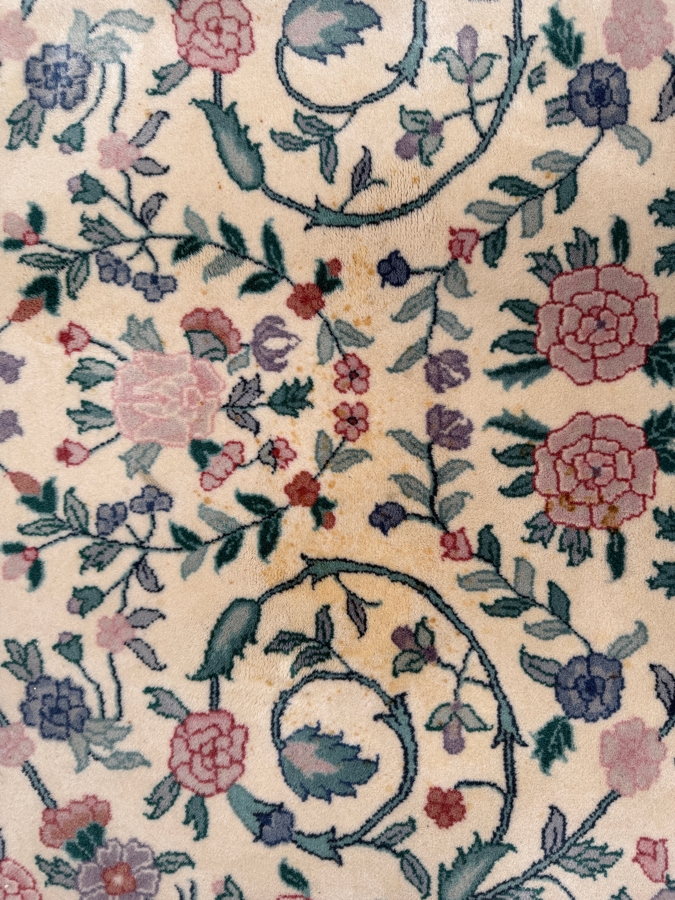 Just Added - Vintage Hand-Knotted Persian Kerman Wool Rug With Floral Medallion Design And Fringed Edges In Teal And Pink - See Photos For Some Staining 92'W X 118'H [Photo 5]