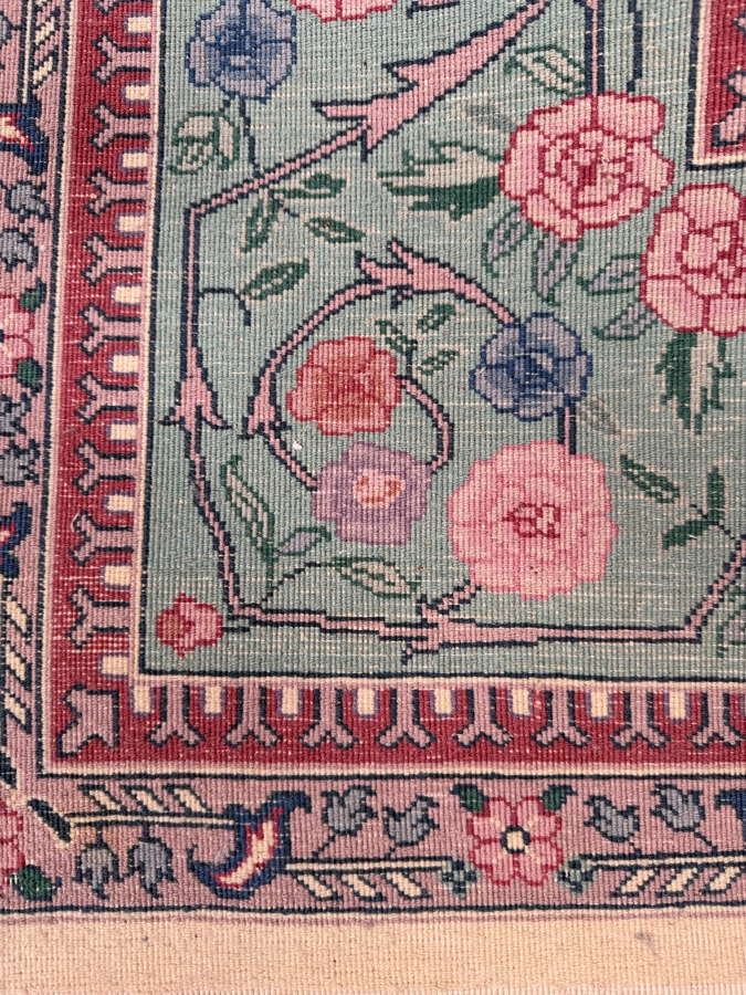Just Added - Vintage Hand-Knotted Persian Kerman Wool Rug With Floral Medallion Design And Fringed Edges In Teal And Pink - See Photos For Some Staining 92'W X 118'H [Photo 4]