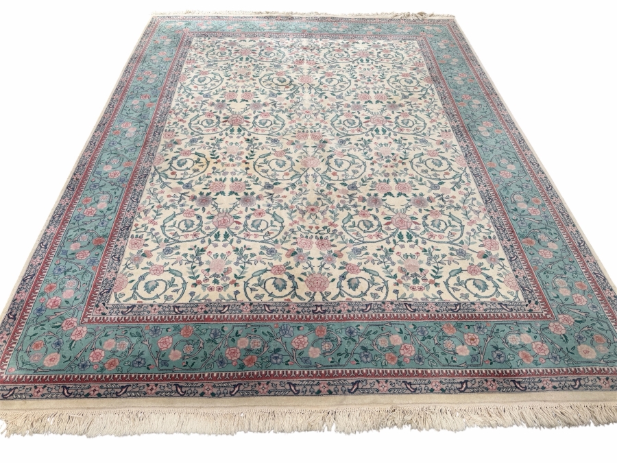 Just Added - Vintage Hand-Knotted Persian Kerman Wool Rug With Floral Medallion Design And Fringed Edges In Teal And Pink - See Photos For Some Staining 92'W X 118'H