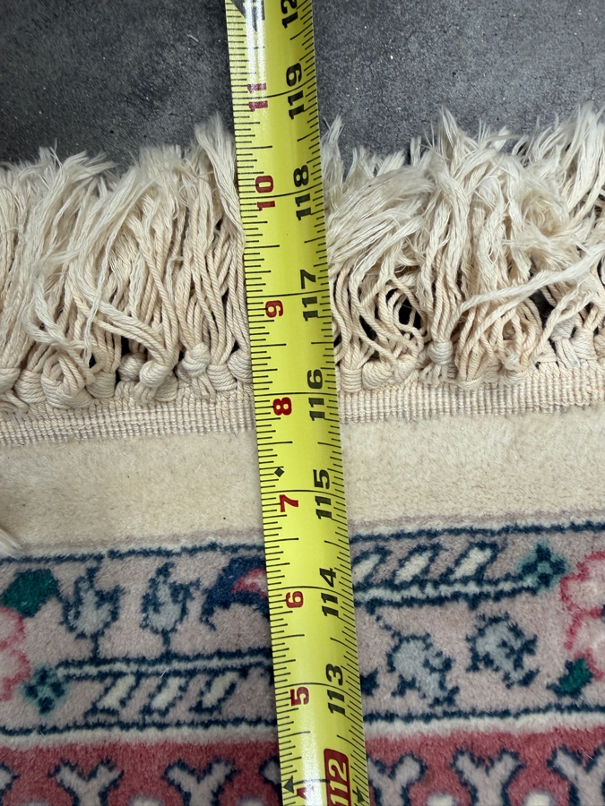 Just Added - Vintage Hand-Knotted Persian Kerman Wool Rug With Floral Medallion Design And Fringed Edges In Teal And Pink - See Photos For Some Staining 92'W X 118'H [Photo 10]