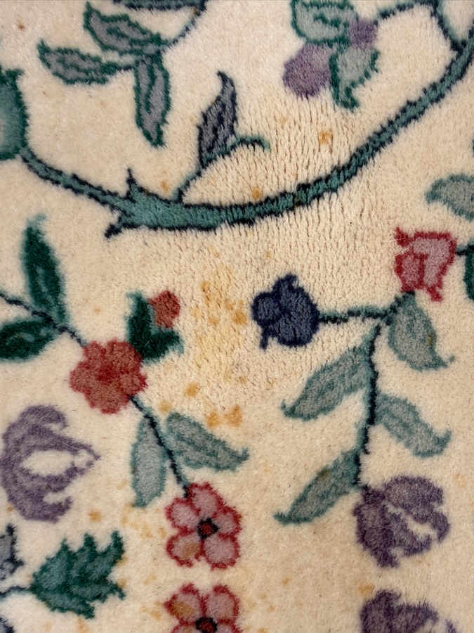 Just Added - Vintage Hand-Knotted Persian Kerman Wool Rug With Floral Medallion Design And Fringed Edges In Teal And Pink - See Photos For Some Staining 92'W X 118'H [Photo 6]