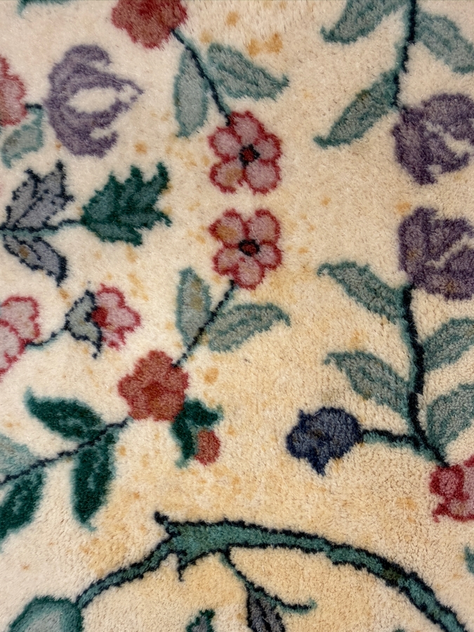 Just Added - Vintage Hand-Knotted Persian Kerman Wool Rug With Floral Medallion Design And Fringed Edges In Teal And Pink - See Photos For Some Staining 92'W X 118'H [Photo 7]