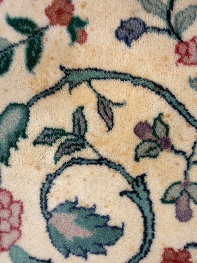 Just Added - Vintage Hand-Knotted Persian Kerman Wool Rug With Floral Medallion Design And Fringed Edges In Teal And Pink - See Photos For Some Staining 92'W X 118'H [Photo 8]