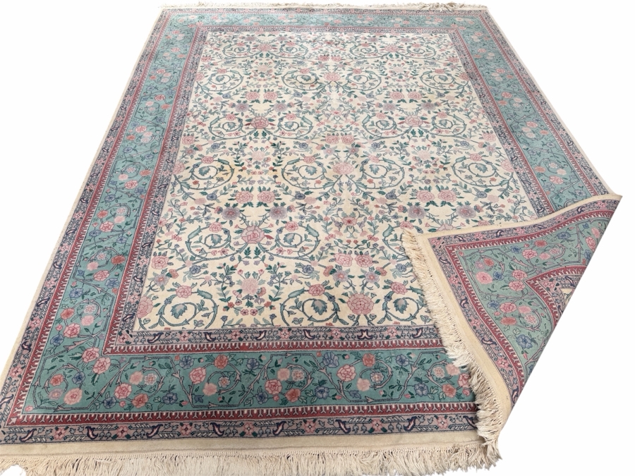 Just Added - Vintage Hand-Knotted Persian Kerman Wool Rug With Floral Medallion Design And Fringed Edges In Teal And Pink - See Photos For Some Staining 92'W X 118'H [Photo 2]