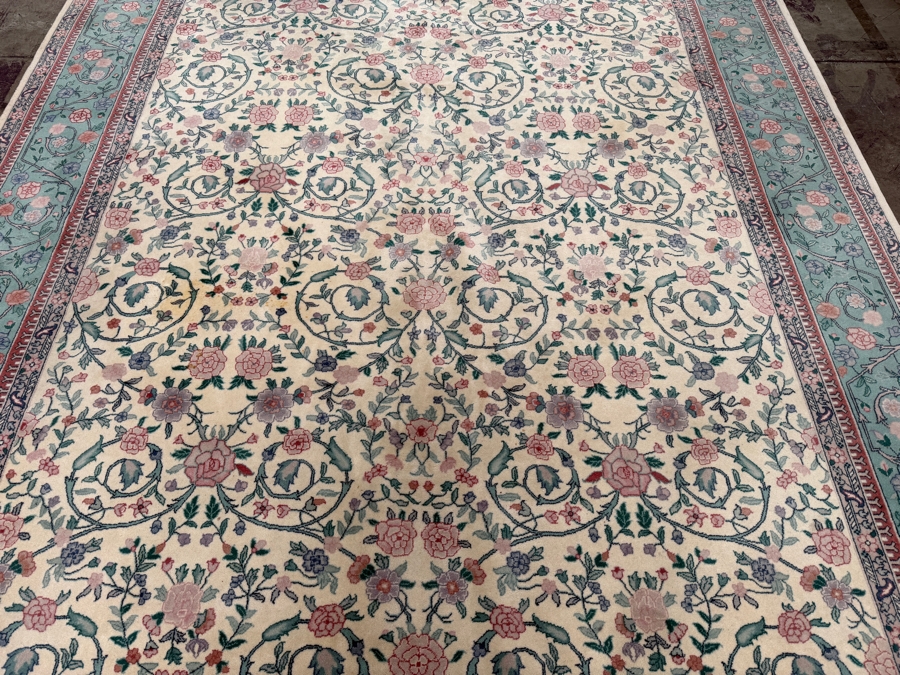 Just Added - Vintage Hand-Knotted Persian Kerman Wool Rug With Floral Medallion Design And Fringed Edges In Teal And Pink - See Photos For Some Staining 92'W X 118'H [Photo 3]