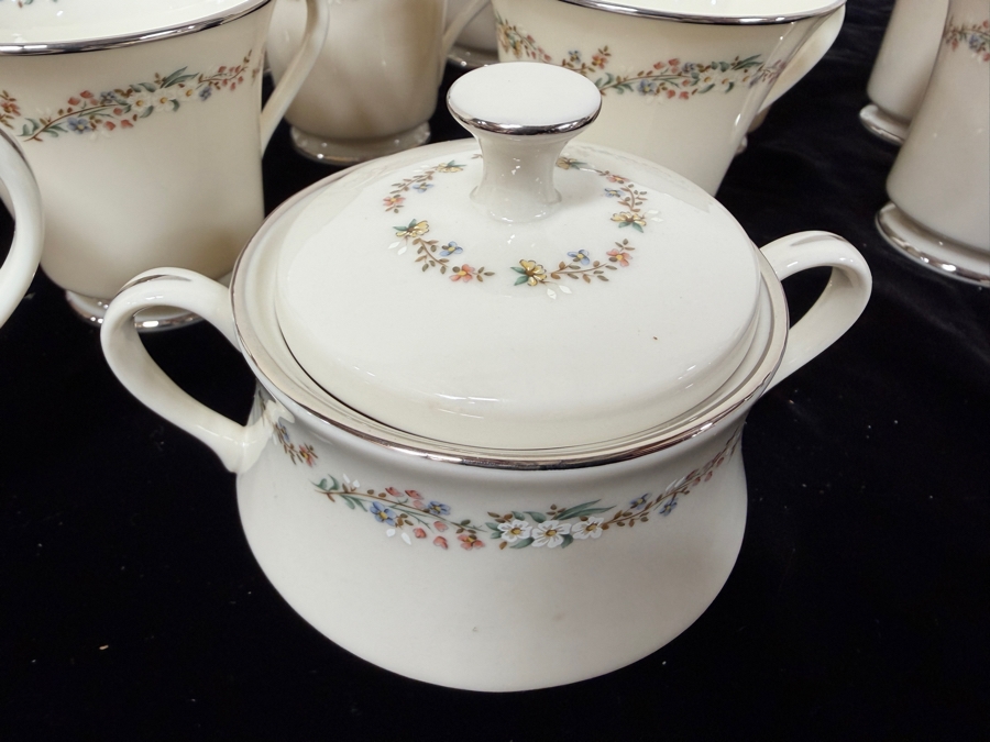 Just Added - Vintage Gorham Rondelle Fine Bone China Coffee Service Set With Floral Band And Platinum Trim - 18 Saucers, 17 Cups, 12 Dessert Plates, Creamer And Sugar Bowl, And Gravy Boat With Attached Underplate [Photo 3]