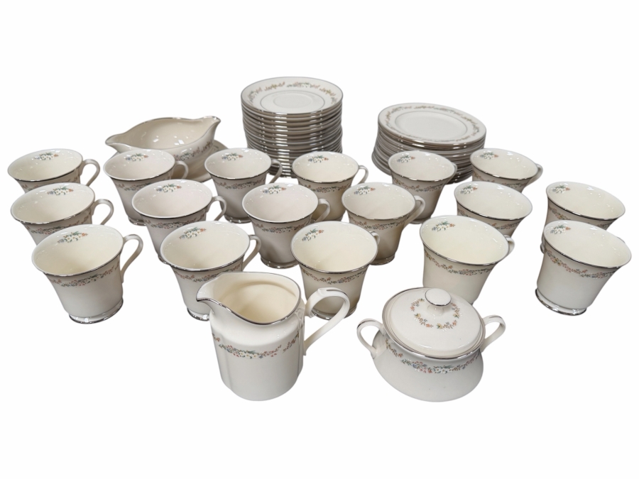 Just Added - Vintage Gorham Rondelle Fine Bone China Coffee Service Set With Floral Band And Platinum Trim - 18 Saucers, 17 Cups, 12 Dessert Plates, Creamer And Sugar Bowl, And Gravy Boat With Attached Underplate