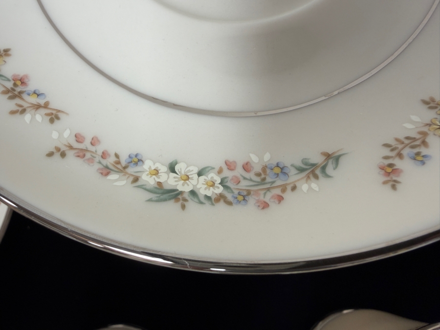 Just Added - Vintage Gorham Rondelle Fine Bone China Coffee Service Set With Floral Band And Platinum Trim - 18 Saucers, 17 Cups, 12 Dessert Plates, Creamer And Sugar Bowl, And Gravy Boat With Attached Underplate [Photo 5]