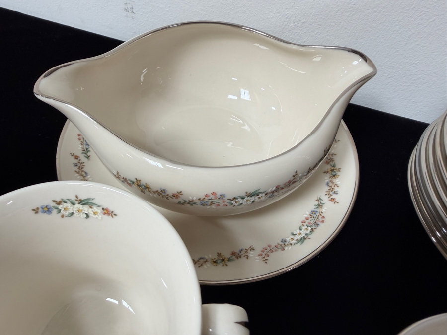 Just Added - Vintage Gorham Rondelle Fine Bone China Coffee Service Set With Floral Band And Platinum Trim - 18 Saucers, 17 Cups, 12 Dessert Plates, Creamer And Sugar Bowl, And Gravy Boat With Attached Underplate [Photo 7]