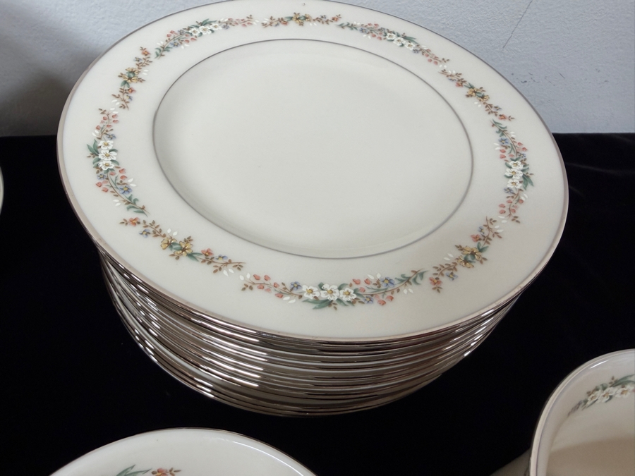 Just Added - Vintage Gorham Rondelle Fine Bone China Coffee Service Set With Floral Band And Platinum Trim - 18 Saucers, 17 Cups, 12 Dessert Plates, Creamer And Sugar Bowl, And Gravy Boat With Attached Underplate [Photo 6]