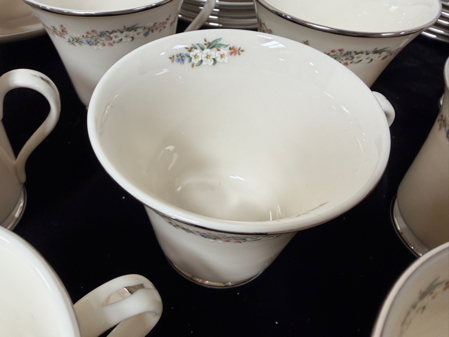 Just Added - Vintage Gorham Rondelle Fine Bone China Coffee Service Set With Floral Band And Platinum Trim - 18 Saucers, 17 Cups, 12 Dessert Plates, Creamer And Sugar Bowl, And Gravy Boat With Attached Underplate [Photo 2]