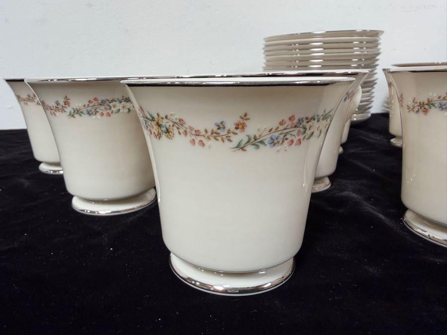 Just Added - Vintage Gorham Rondelle Fine Bone China Coffee Service Set With Floral Band And Platinum Trim - 18 Saucers, 17 Cups, 12 Dessert Plates, Creamer And Sugar Bowl, And Gravy Boat With Attached Underplate [Photo 8]