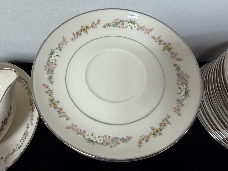 Just Added - Vintage Gorham Rondelle Fine Bone China Coffee Service Set With Floral Band And Platinum Trim - 18 Saucers, 17 Cups, 12 Dessert Plates, Creamer And Sugar Bowl, And Gravy Boat With Attached Underplate [Photo 4]
