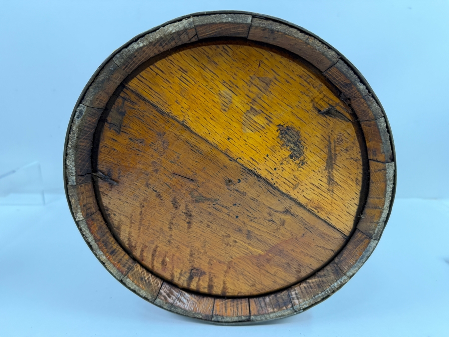 Just Added - Antique Primitive Staved Wood Bucket With Metal Bands And Turned Wooden Bail Handle 10.5'W X 7'H [Photo 6]