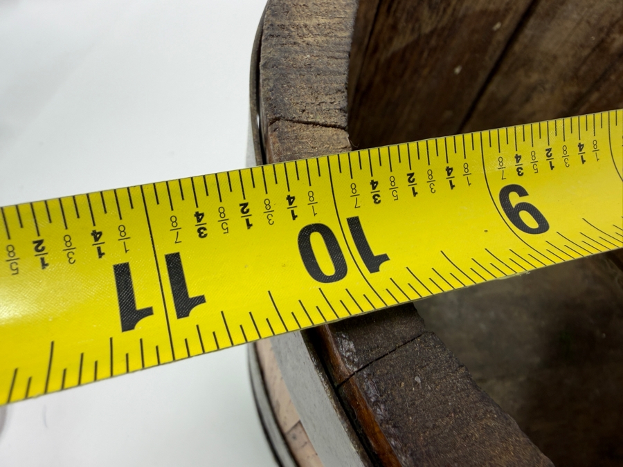 Just Added - Antique Primitive Staved Wood Bucket With Metal Bands And Turned Wooden Bail Handle 10.5'W X 7'H [Photo 7]