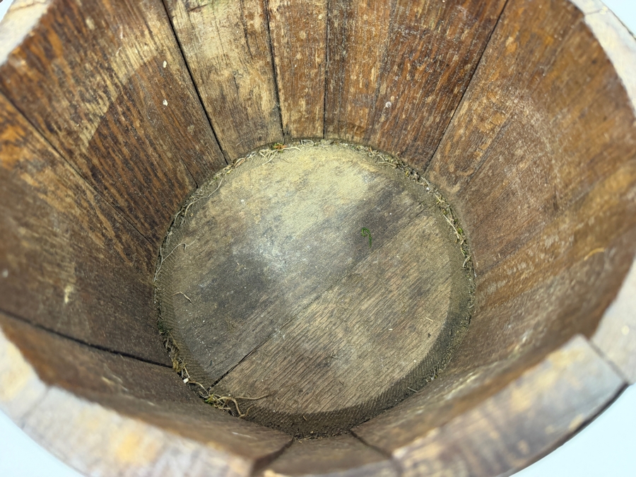 Just Added - Antique Primitive Staved Wood Bucket With Metal Bands And Turned Wooden Bail Handle 10.5'W X 7'H [Photo 5]