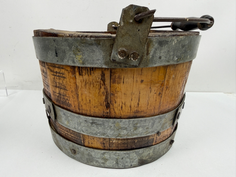 Just Added - Antique Primitive Staved Wood Bucket With Metal Bands And Turned Wooden Bail Handle 10.5'W X 7'H [Photo 3]