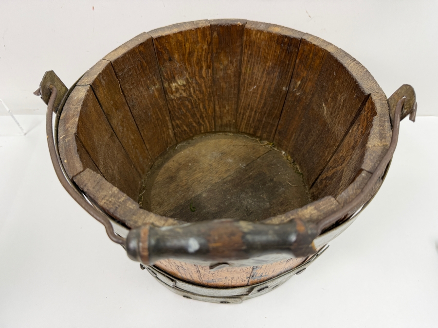 Just Added - Antique Primitive Staved Wood Bucket With Metal Bands And Turned Wooden Bail Handle 10.5'W X 7'H [Photo 2]