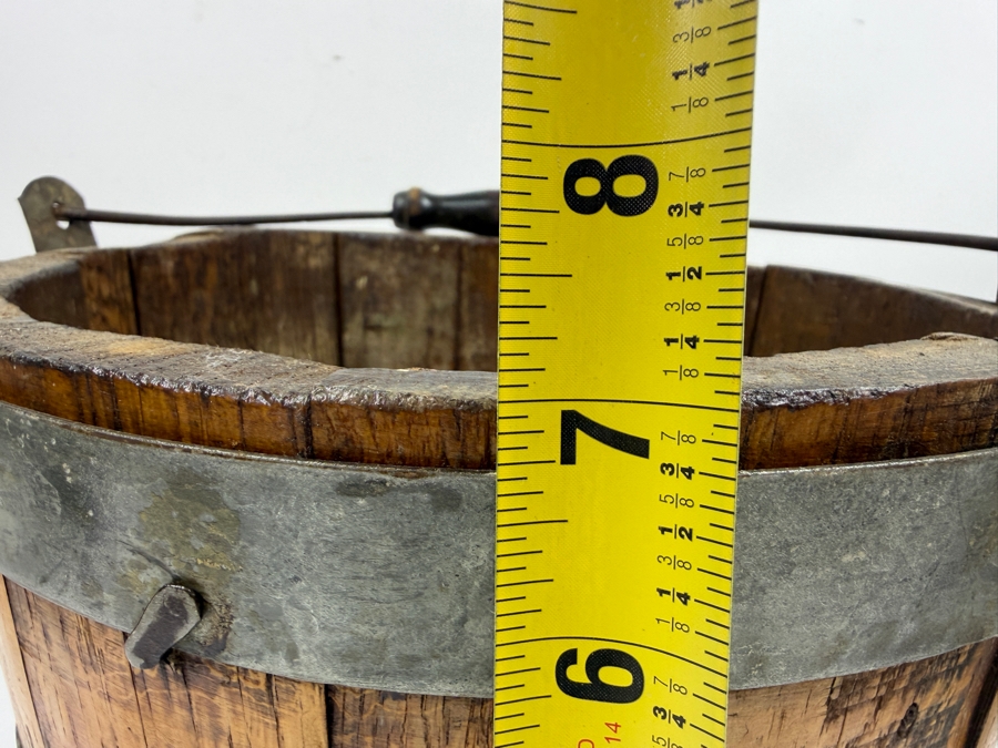 Just Added - Antique Primitive Staved Wood Bucket With Metal Bands And Turned Wooden Bail Handle 10.5'W X 7'H [Photo 8]