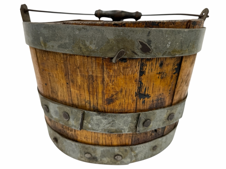 Just Added - Antique Primitive Staved Wood Bucket With Metal Bands And Turned Wooden Bail Handle 10.5'W X 7'H