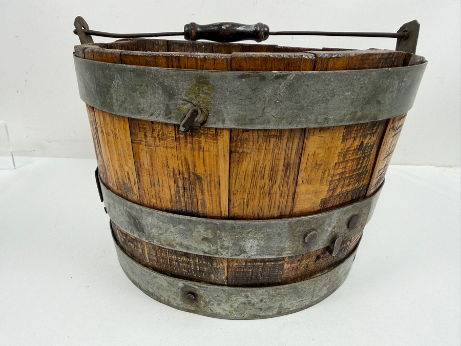 Just Added - Antique Primitive Staved Wood Bucket With Metal Bands And Turned Wooden Bail Handle 10.5'W X 7'H [Photo 4]