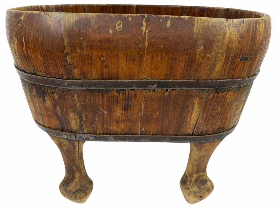 Just Added - Antique Chinese Hand-Carved Elmwood Foot Soaking Basin With Iron Bands And Cabriole Feet 13'W X 7'D X 10'H