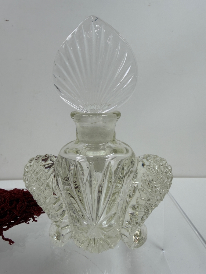 Just Added - Vintage Waterford Lismore Crystal Perfume Atomizer Bottle With Burgundy Bulb And Tassel / Art Deco Pressed Glass Perfume Bottle With Large Fleur De Lis Fan Stopper 4.5' - 5.25'H [Photo 2]