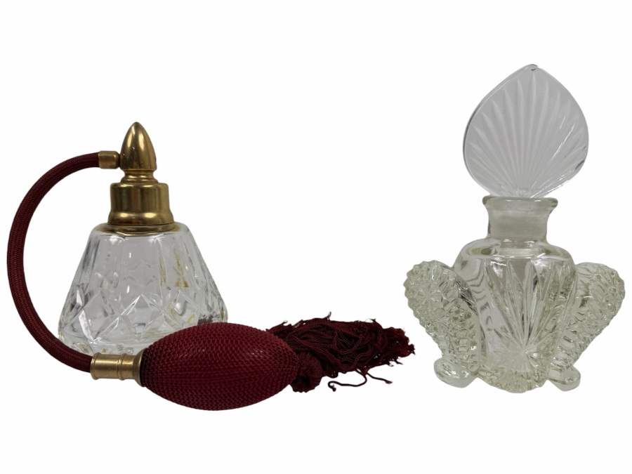 Just Added - Vintage Waterford Lismore Crystal Perfume Atomizer Bottle With Burgundy Bulb And Tassel / Art Deco Pressed Glass Perfume Bottle With Large Fleur De Lis Fan Stopper 4.5' - 5.25'H