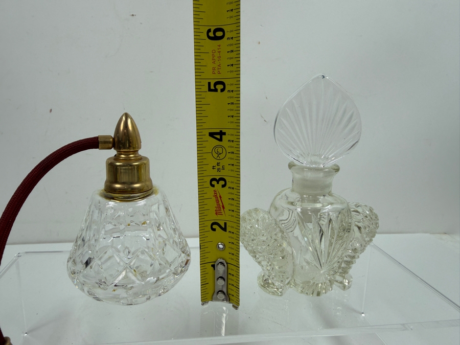 Just Added - Vintage Waterford Lismore Crystal Perfume Atomizer Bottle With Burgundy Bulb And Tassel / Art Deco Pressed Glass Perfume Bottle With Large Fleur De Lis Fan Stopper 4.5' - 5.25'H [Photo 4]